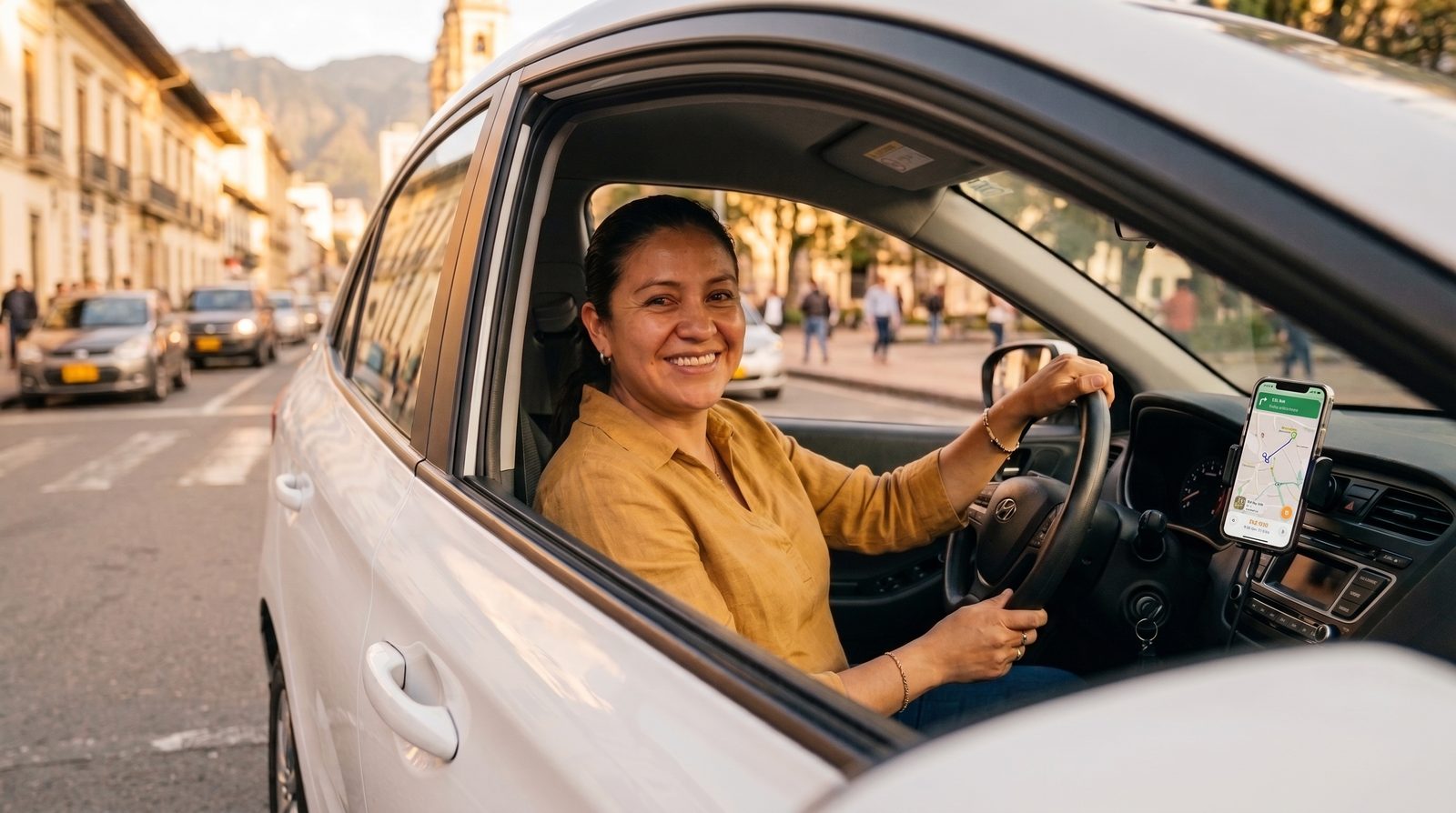 Conductor de inDrive sonriendo dentro de su vehículo